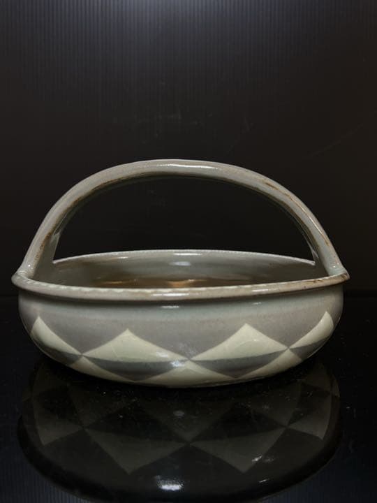 十三代 中里太郎右衛門 本人作 唐津青磁象嵌 鱚文 手付鉢 桐共箱 茶道具