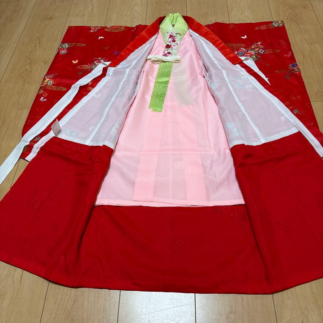 122 正絹着物　赤×蝶々×花車　七五三着物セット　3歳　日本製　結び帯