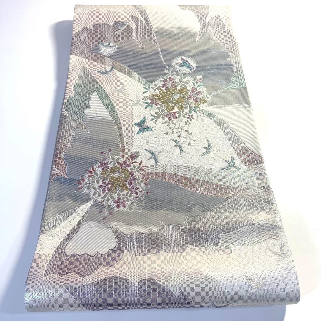 5k2218 袋帯　絹　西陣織　まいづる謹製　彩　唐織　銀色　金色　白　緑　青