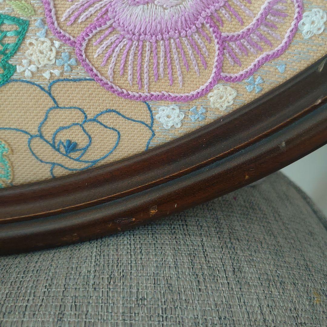 フランス雑貨　鏡　花　刺繍　レース　大型ミラー　木製フレーム　オーバル型