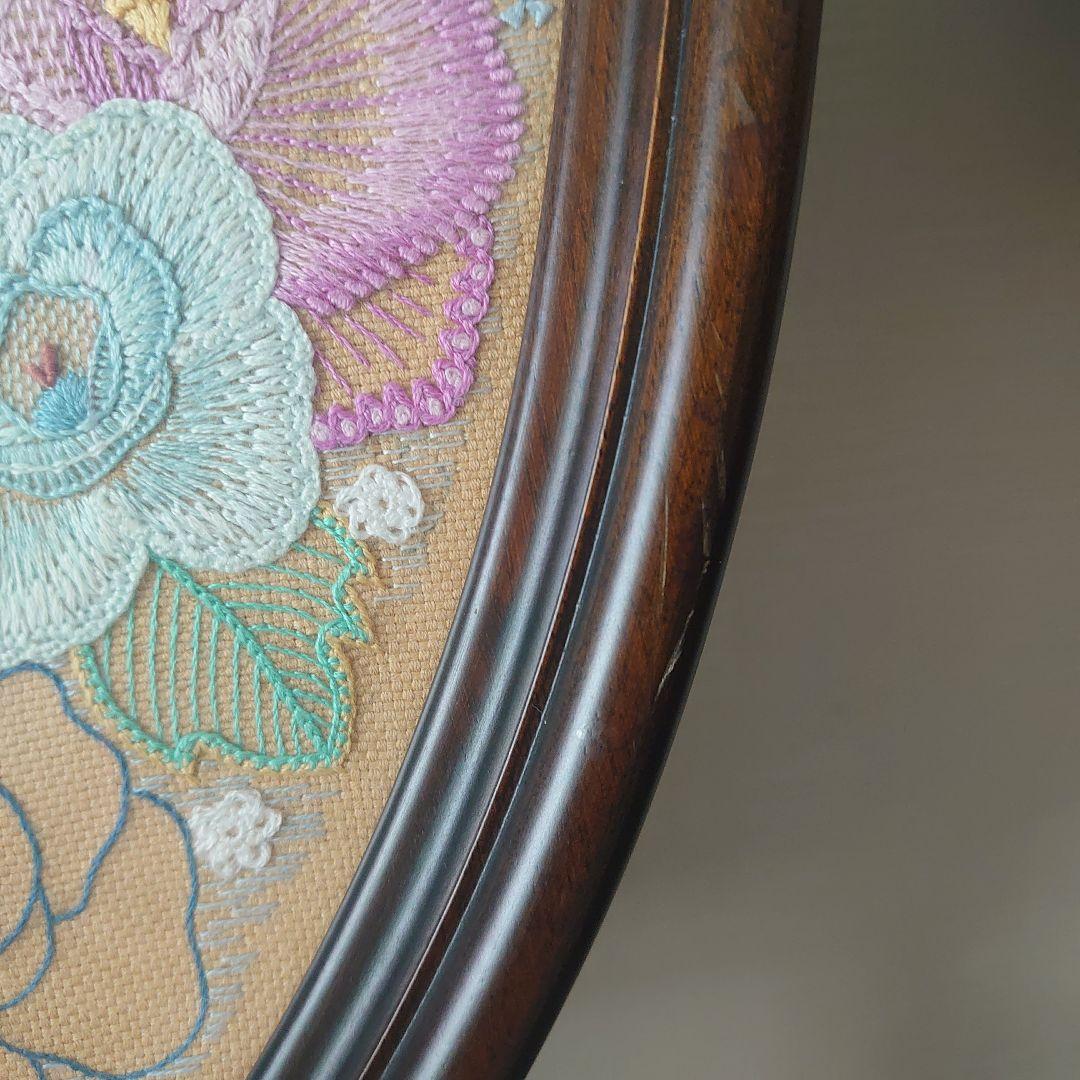 フランス雑貨　鏡　花　刺繍　レース　大型ミラー　木製フレーム　オーバル型