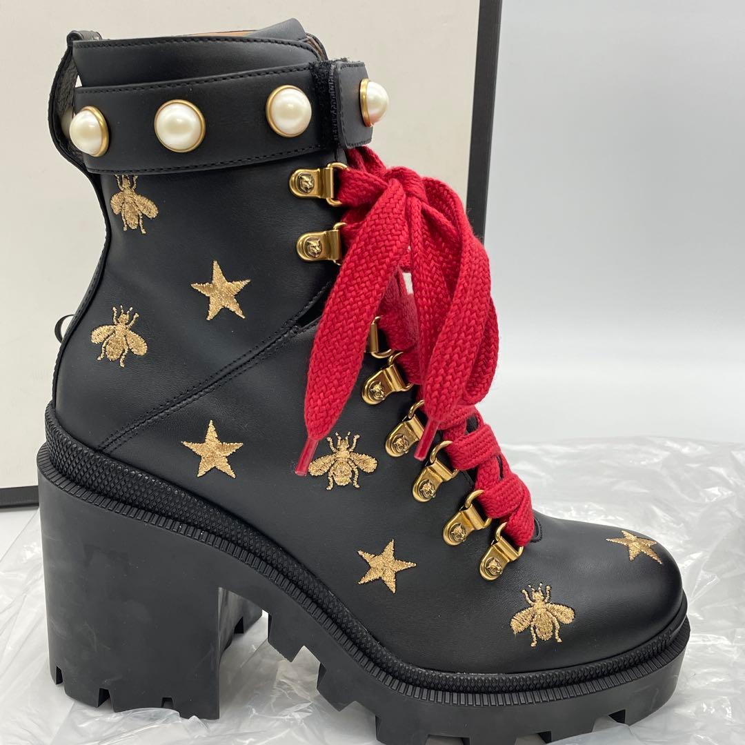 【M52】美品　GUCCI グッチ　コンバットブーツ　ハチ　スター　レザー