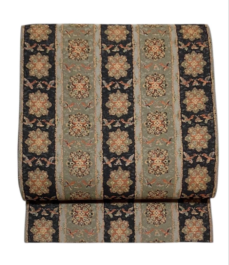 博多織 小森草木染工房 袋帯 全通柄 正絹 長斑錦華鳥紋 未使用 イ6300