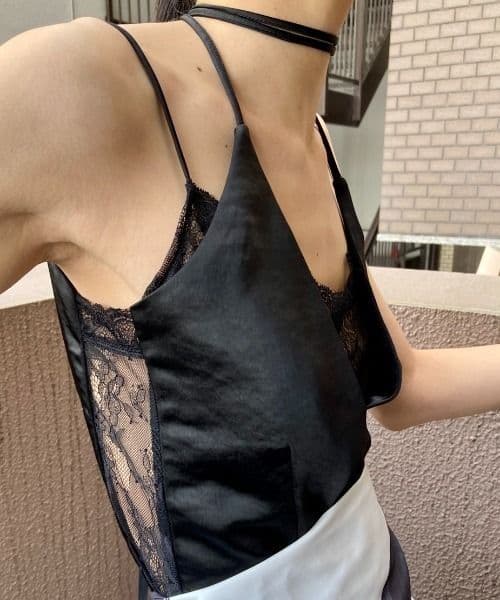 HIROSAI サテン レース キャミソール ブラック/cityshop