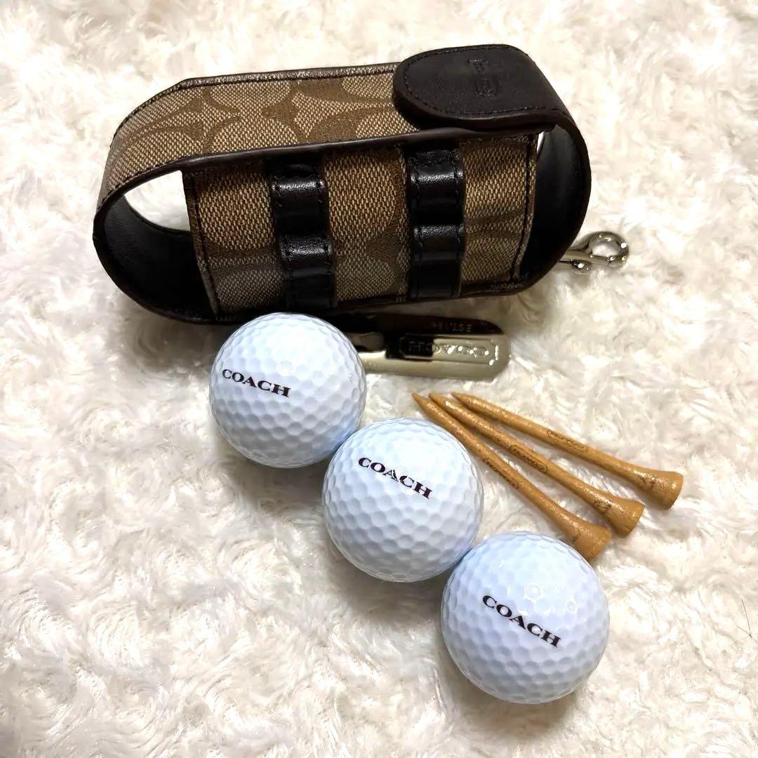 【COACH】コーチ レザー ゴルフティーセットカーキ×ブラウンゴルフボール付