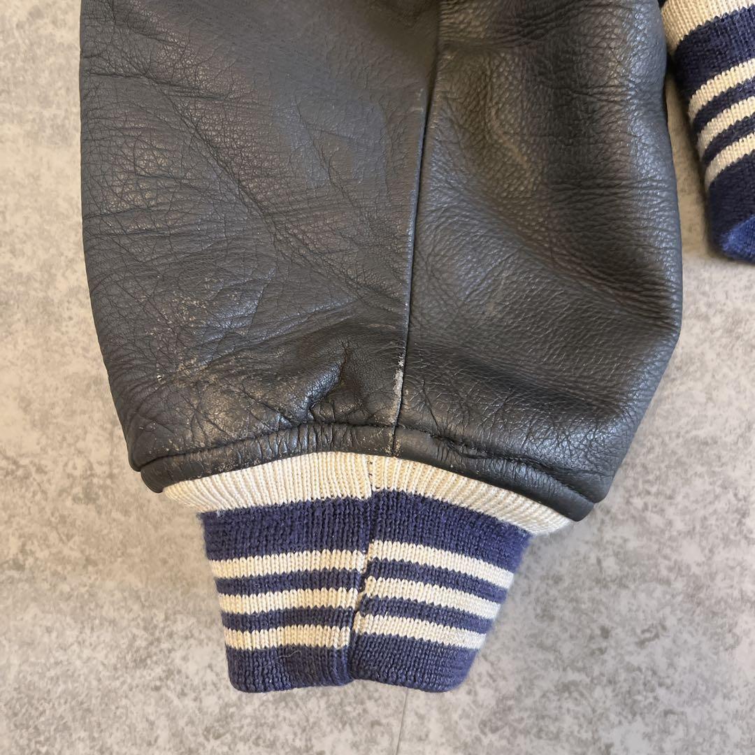 ROZZO スタジャン 短丈 ワッペン レザー　紺×黒 y2k 古着 アメカジ