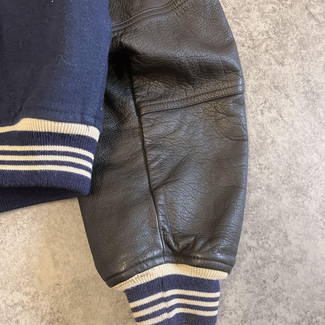 ROZZO スタジャン 短丈 ワッペン レザー　紺×黒 y2k 古着 アメカジ