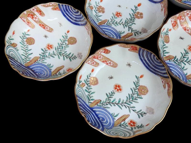 古伊万里　金襴手　撫子に桜花の図　膾皿　５客　D129AS-DAp