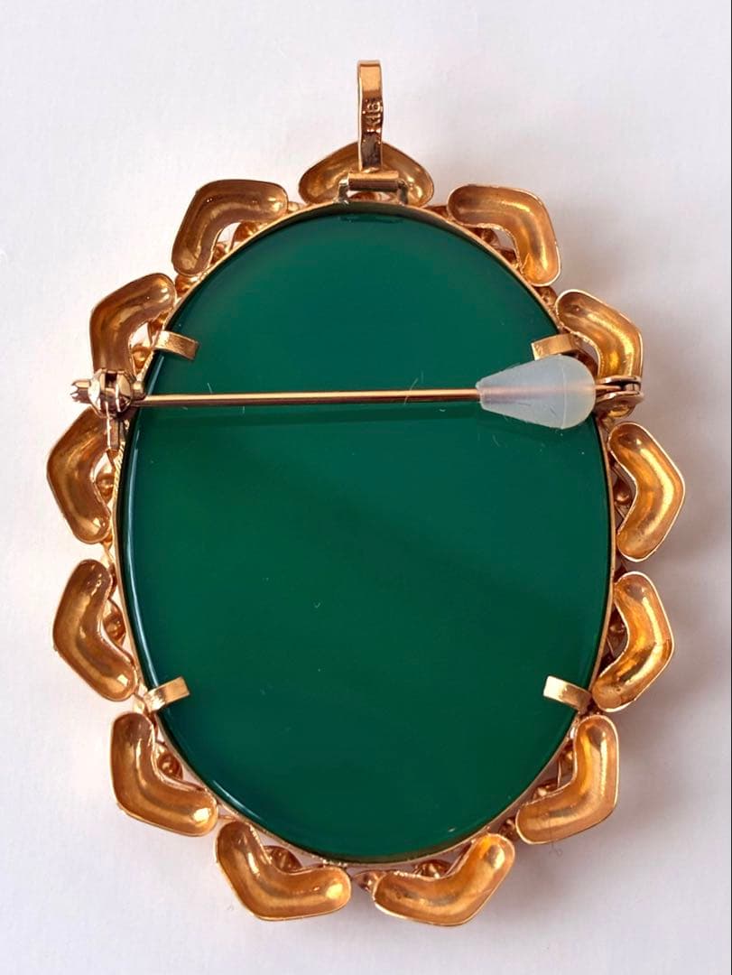 K18グリーンメノウ　カメオブローチペンダント