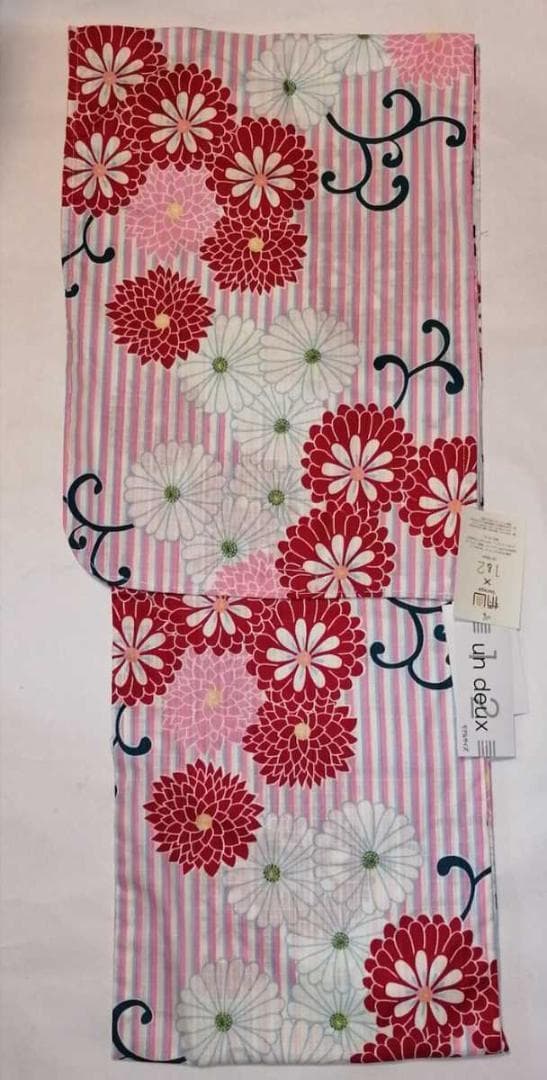 ★un deuxブランド浴衣★ピンク白縦縞.古典菊レトロ柄★ふりふ
