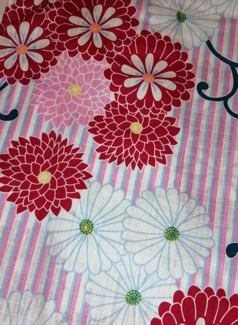 ★un deuxブランド浴衣★ピンク白縦縞.古典菊レトロ柄★ふりふ