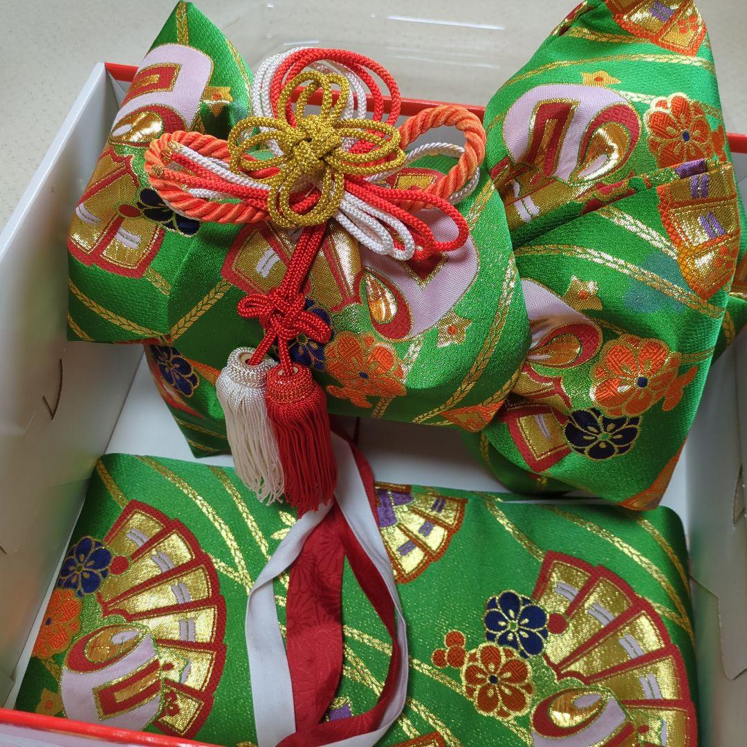 七五三　７歳　女の子　着物　和装　オレンジ系　緑の帯　フルセット