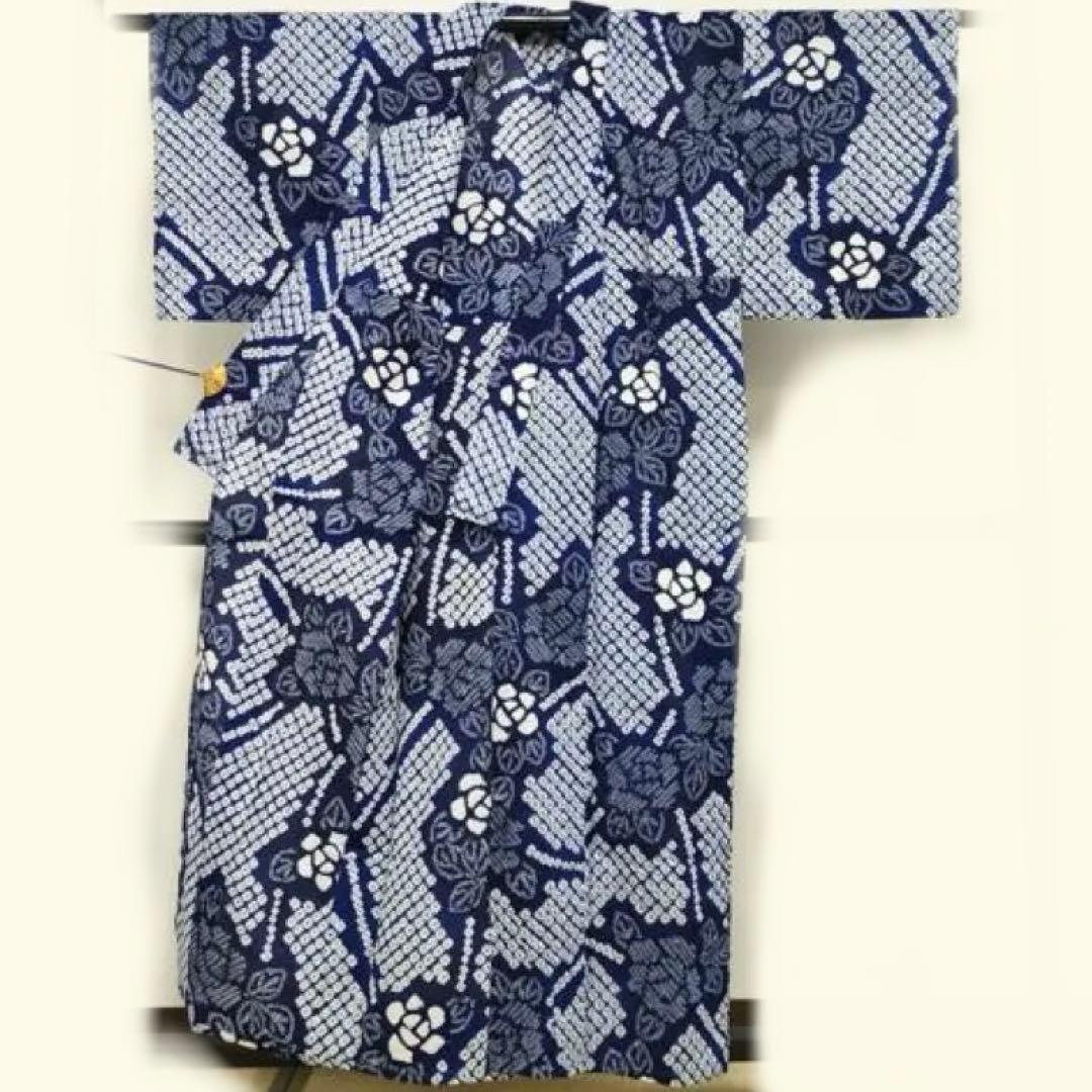浴衣　有松絞り　綿　草花　有松鳴海絞り　蜘蛛絞り　青　紺　ワントーン
