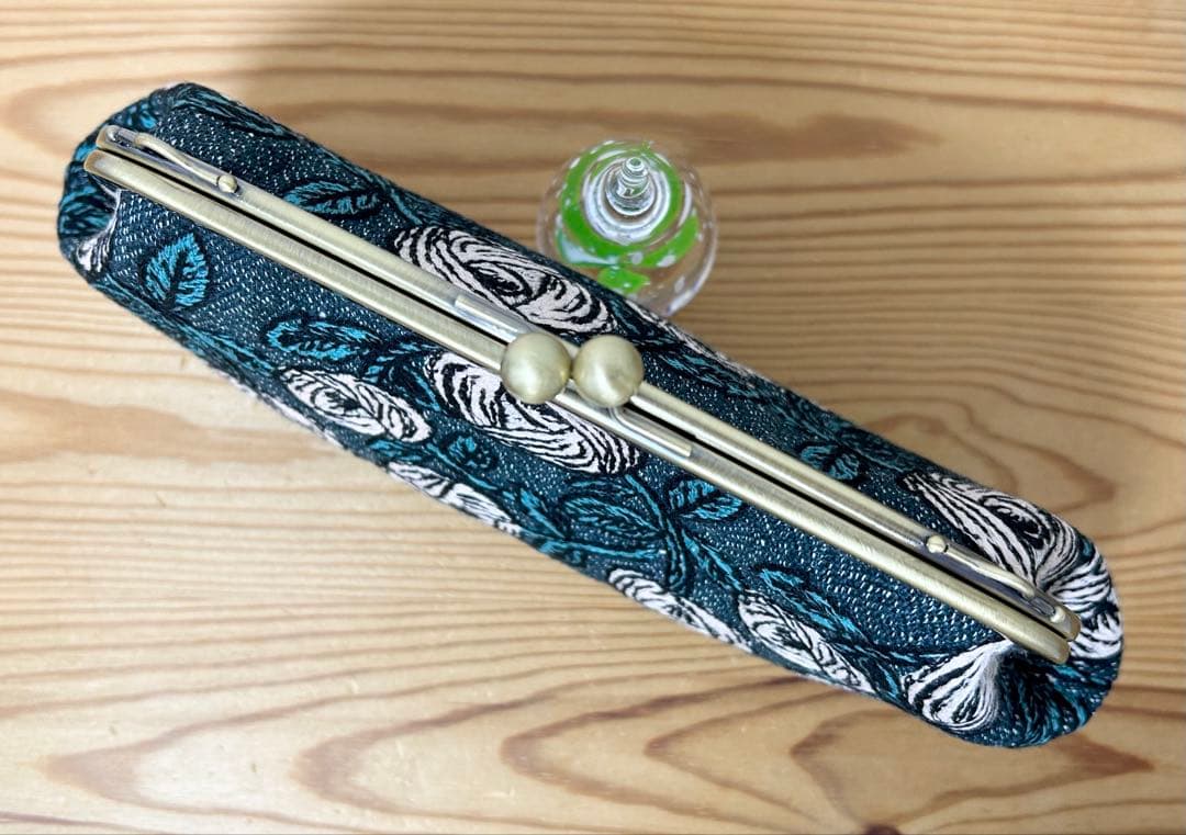 ハンドメイド がま口バッグ ポーチ rosy ブルーグリーン ミナペルホネン
