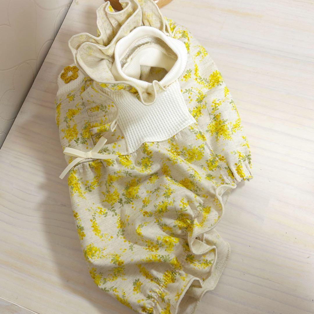 ハンドメイド♡犬服 ナチュラルなミモザのバルーンワンピース