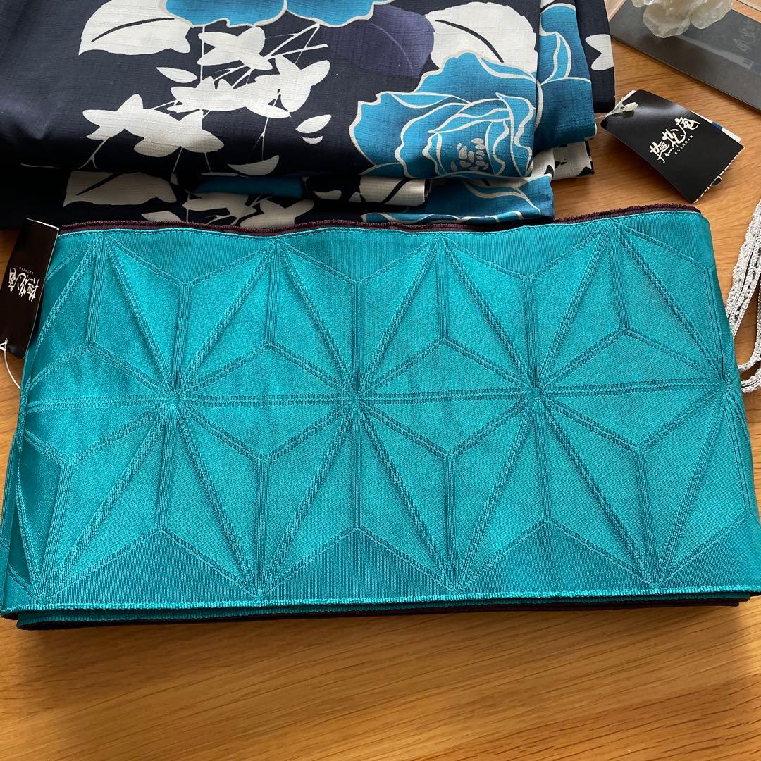 未使用 撫松庵 浴衣 （美女柳にバラ/紺）セオアルファ 浴衣帯セット