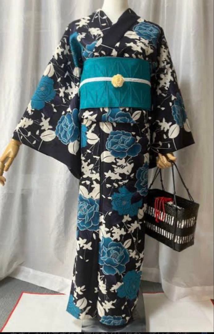 未使用 撫松庵 浴衣 （美女柳にバラ/紺）セオアルファ 浴衣帯セット