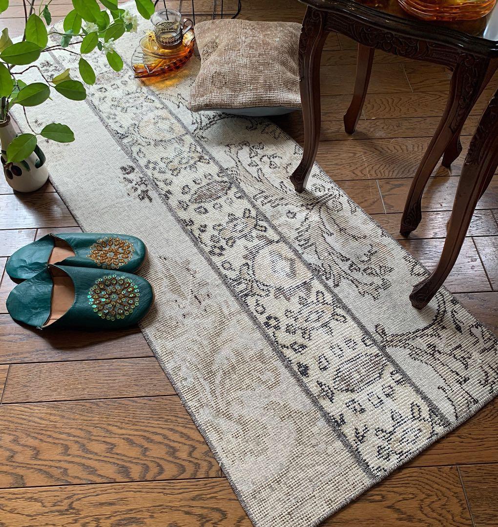 トルコヴィンテージラグ　ランナー　147×51アイボリー　グレージュ　トルコラグ