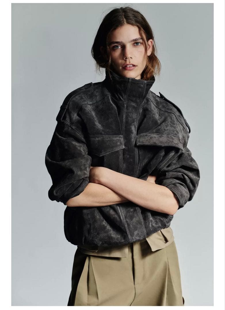 ZARA 100% スエードレザージャケット M カーボン