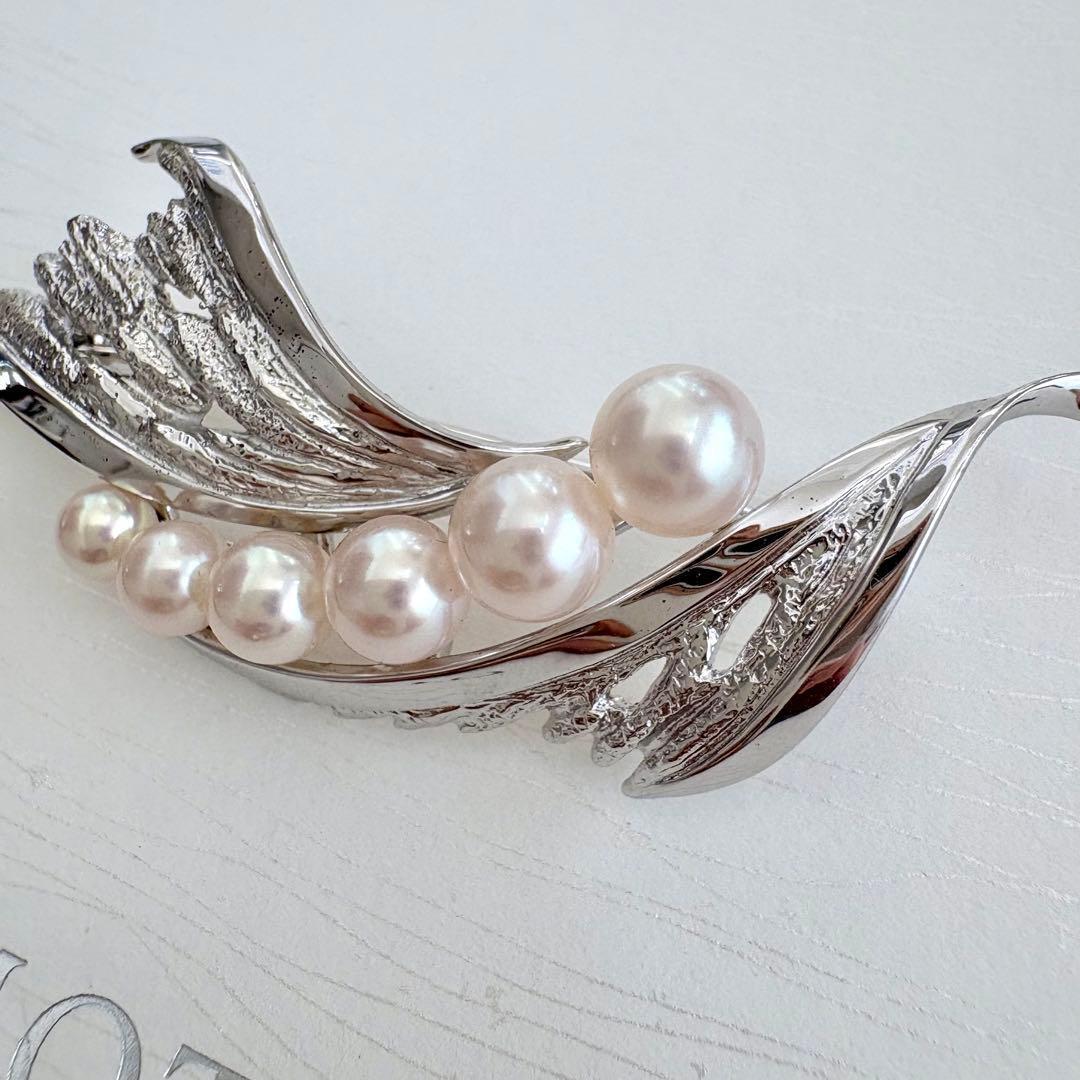 美品✨MIKIMOTO ブローチ あこや真珠 6珠 リーフM刻印 シルバー