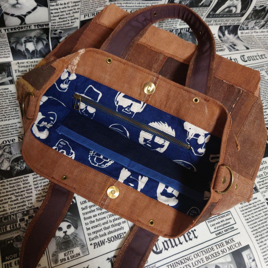 ☬酒袋リメイク☬BIGトートバッグ/カットオフパッチワーク/柿渋染め/古布/襤褸