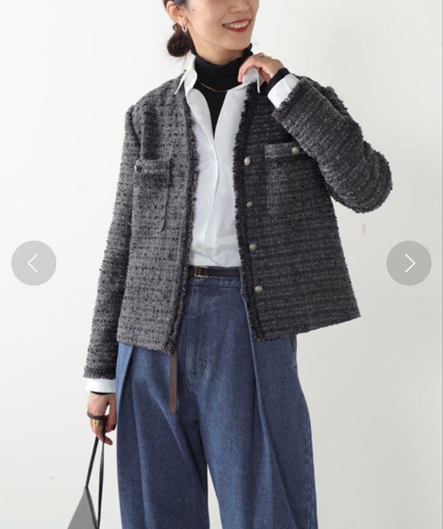 IENA ファンシーツィード ノーカラーフリンジジャケット