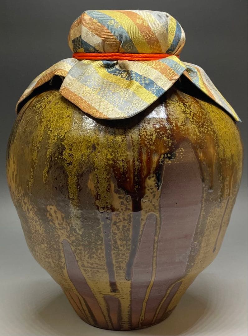 石田陶春　丹波 茶壺　飴釉　飾壺　茶道具　共箱　栞等　LW573