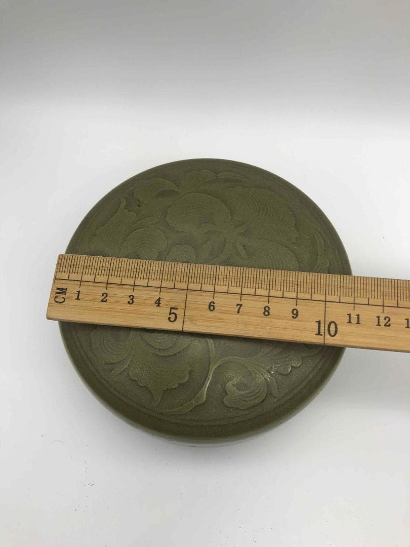 北宋～金時代　青磁貼花唐草紋合子　文房香合　耀州窯　朱泥入れ古文房具(A-45)