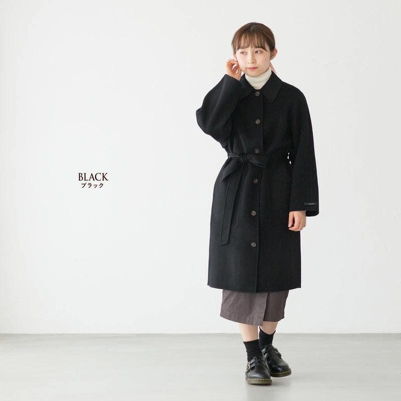 バンソンエミレイユ　ゆったり　ウールリバーコート　ベルト付　バルカラー　ネイビー