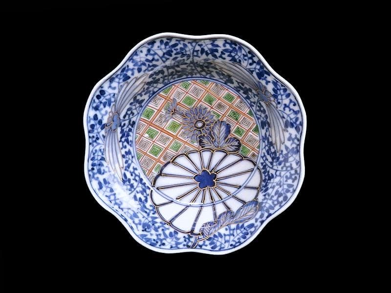 大聖寺伊万里　　微塵唐草に菊の図　小振輪花膾皿　４客　F498AS-fbvi