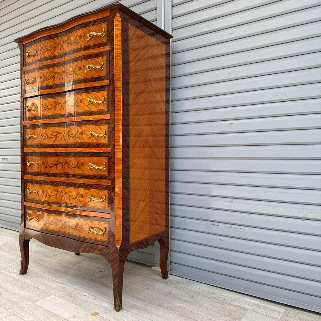 イタリア　7段　7杯　ハイチェスト　猫脚　象嵌細工