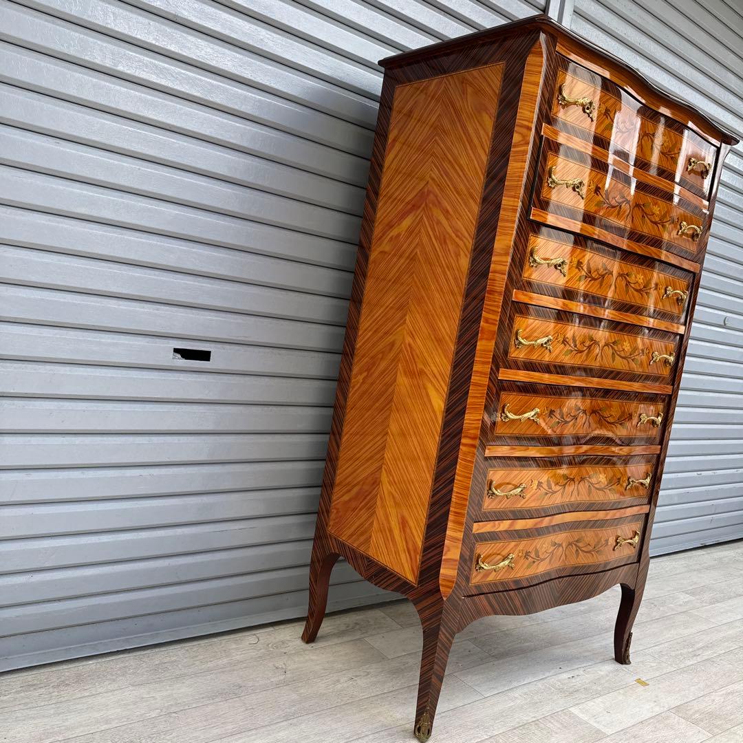 イタリア　7段　7杯　ハイチェスト　猫脚　象嵌細工