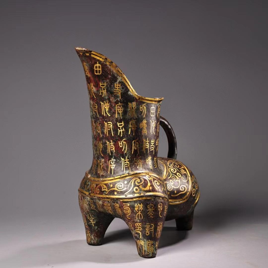 中国古美術・旧蔵青銅製鍍金三足の盛酒器・青銅製・純手作り・置物・茶道具・酒具