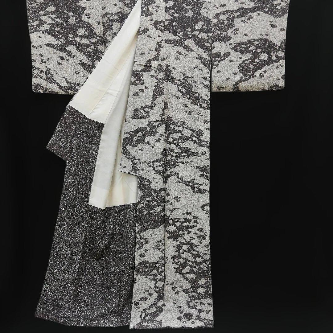 小紋(袷)　(たたき染め　流氷紋様　個性的　モノトーン　作家　上質ちりめん)