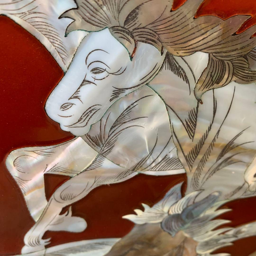 J902R 中国美術 螺鈿細工 貝細工 パーテーション 仕切り 衝立「馬倒成功」