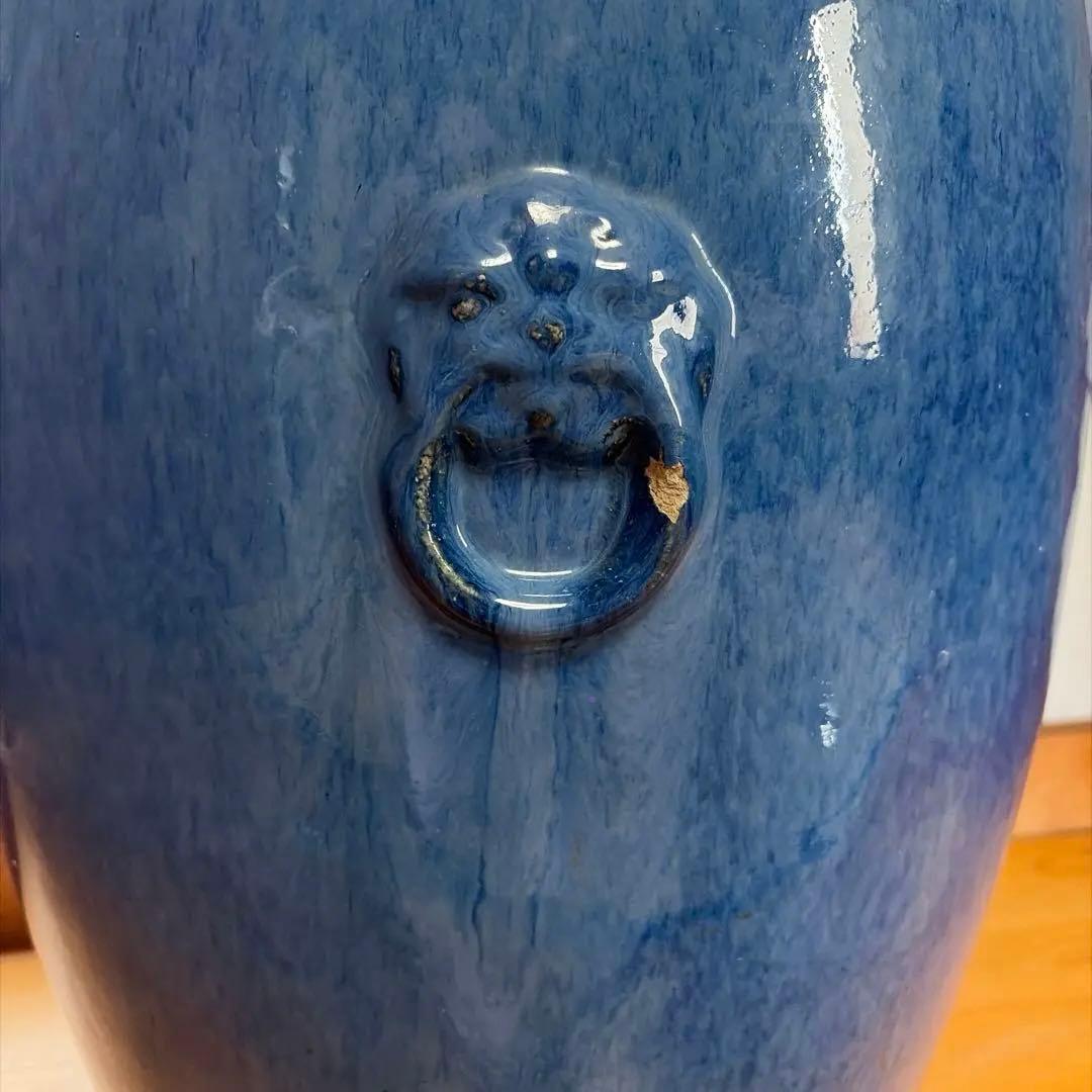 火鉢 縦長　立ち火鉢 大型火鉢　五徳、火箸付き　昭和レトロ　ブルー　青　旅館