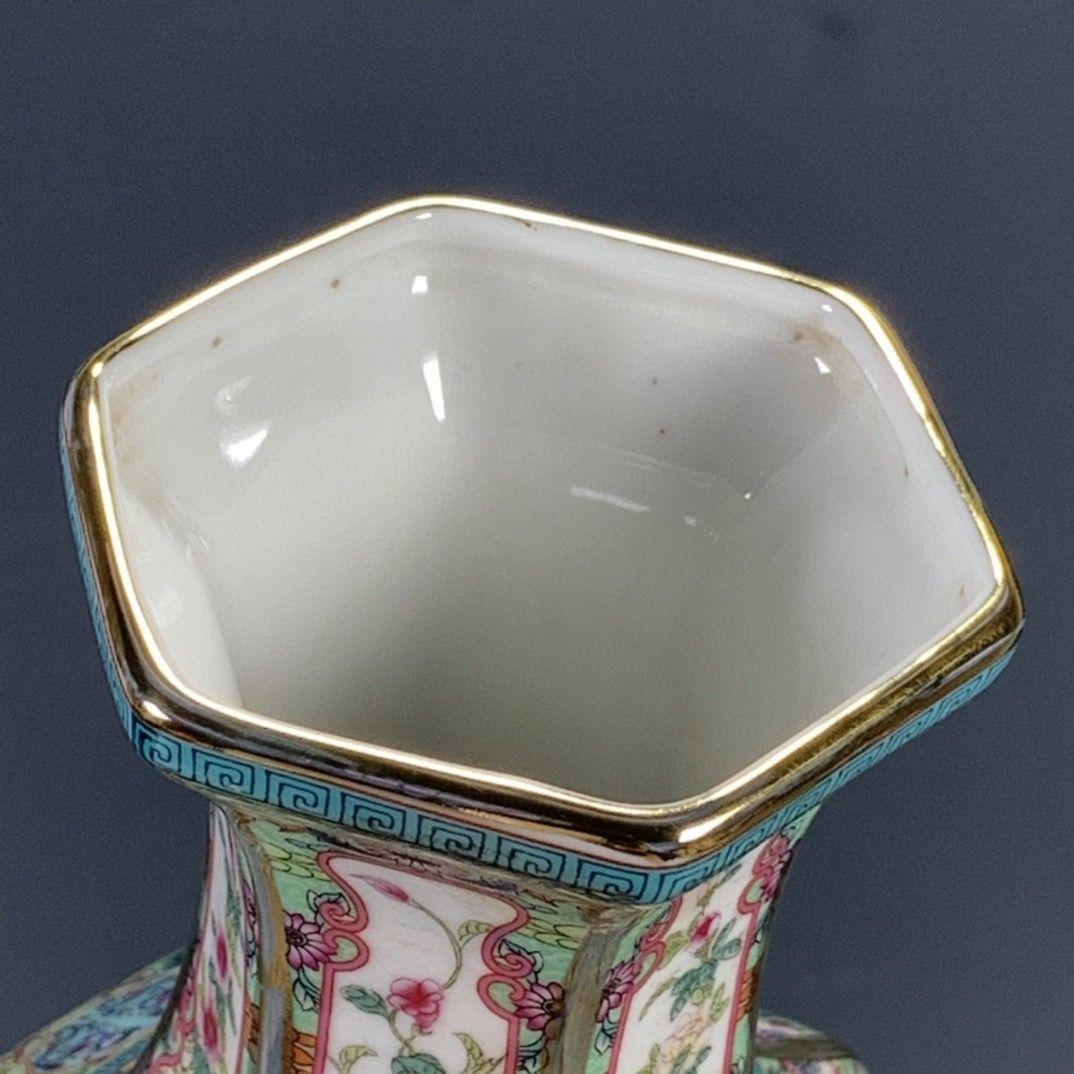 パステルとエナメル花動物六角花瓶 景徳鎮 陶磁器 装飾品 工芸品 美術品 置物