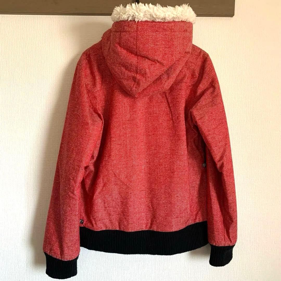 ロキシー　美品スノーウェアMサイズ　赤ツイード風　白ボアフード