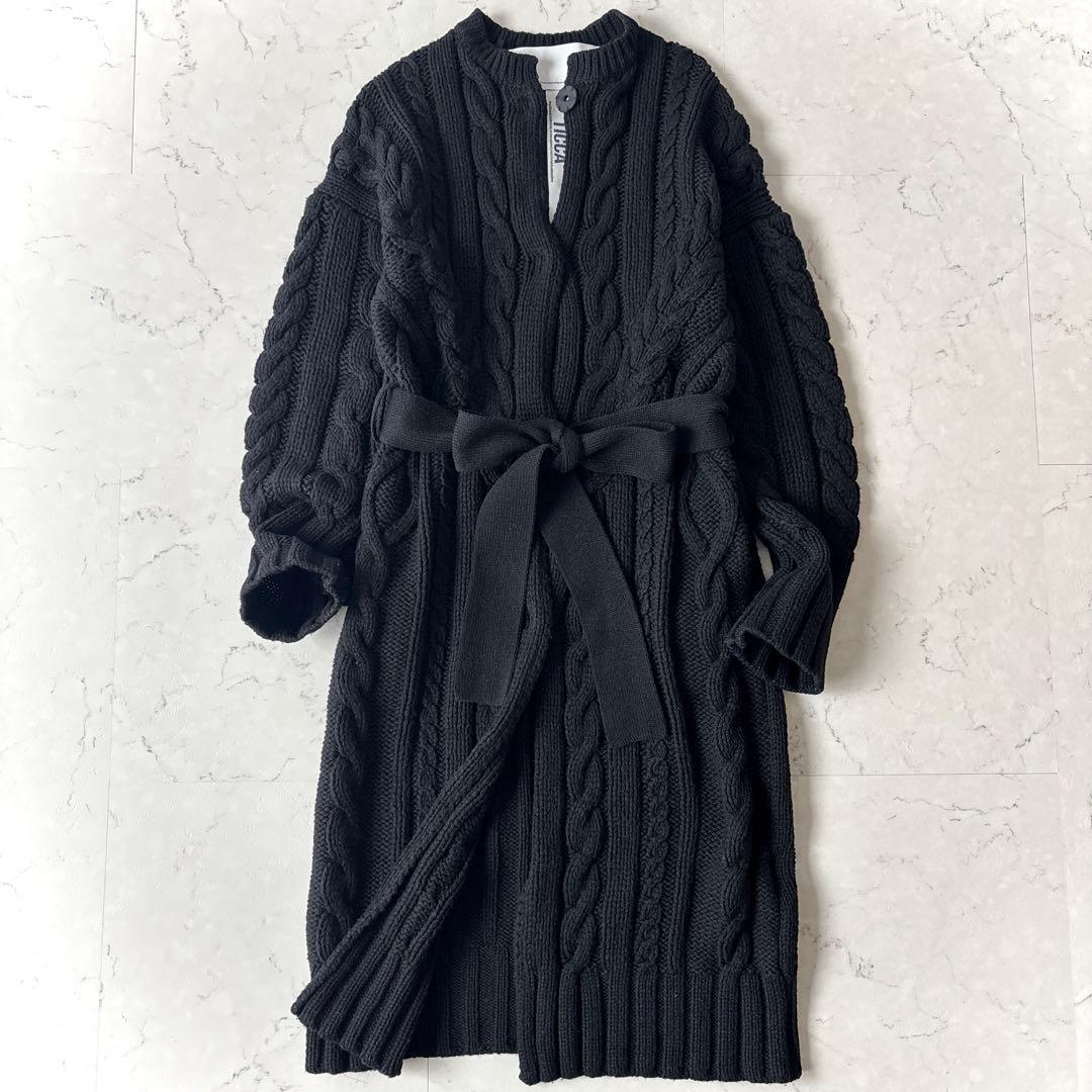 美品 ティッカ 肉厚 ウール ケーブルニット ベルト付 ガウンカーディガン 黒