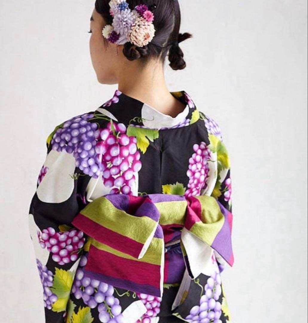 ふりふ　浴衣　帯　ストライプ柄 半幅帯 紫 緑