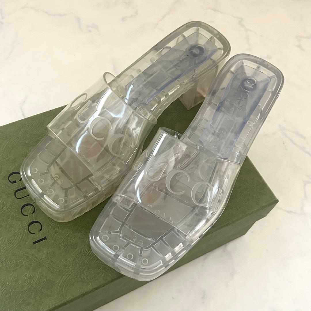 GUCCI クリア エンボスロゴ チャンキーヒール サンダル 39 保存袋 箱付