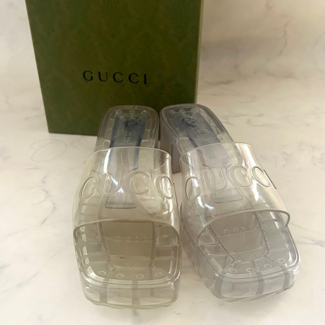 GUCCI クリア エンボスロゴ チャンキーヒール サンダル 39 保存袋 箱付