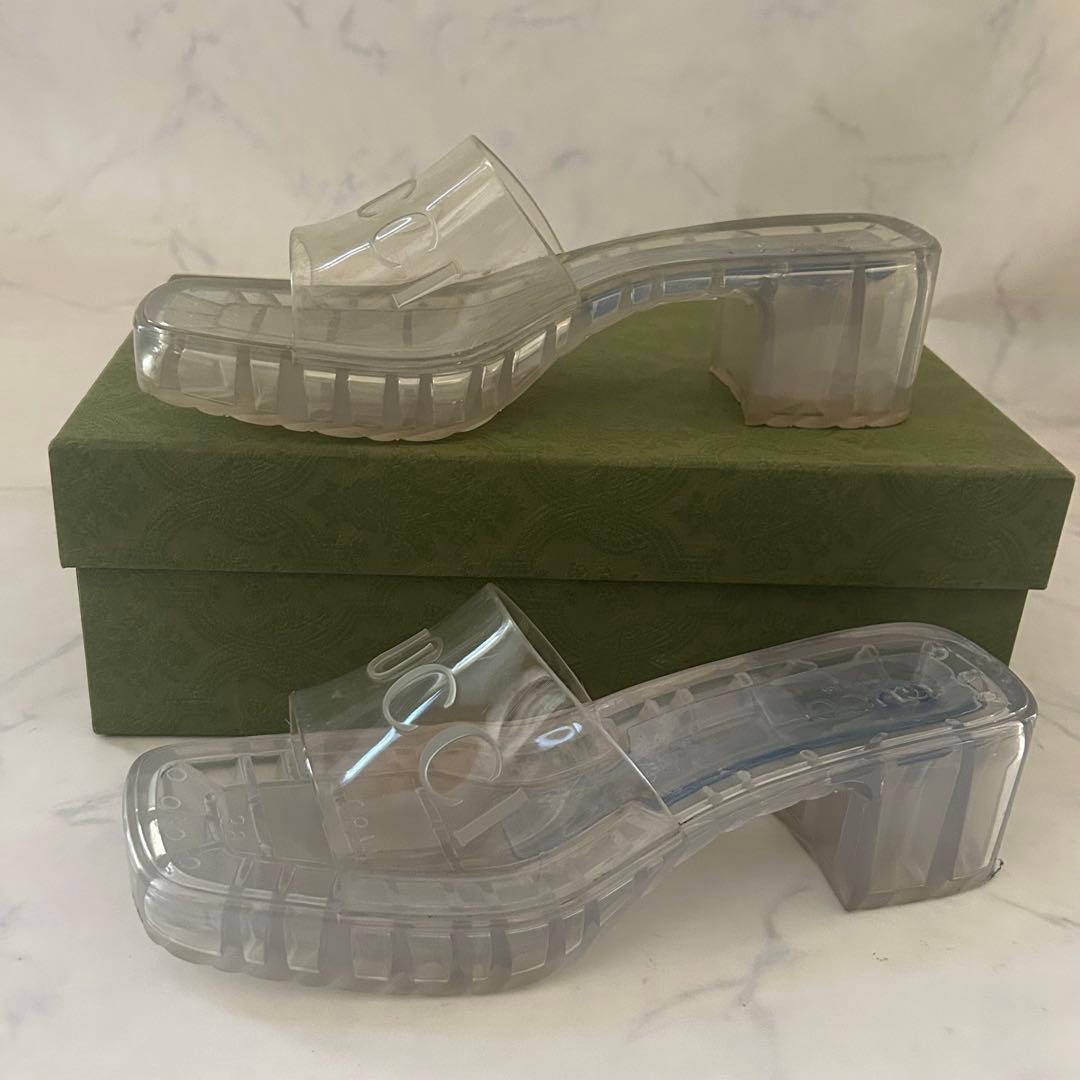 GUCCI クリア エンボスロゴ チャンキーヒール サンダル 39 保存袋 箱付