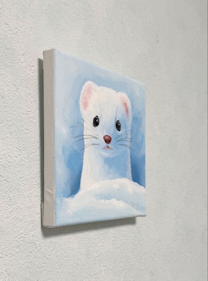 オコジョ　アクリル画　色鉛筆画　額縁付き