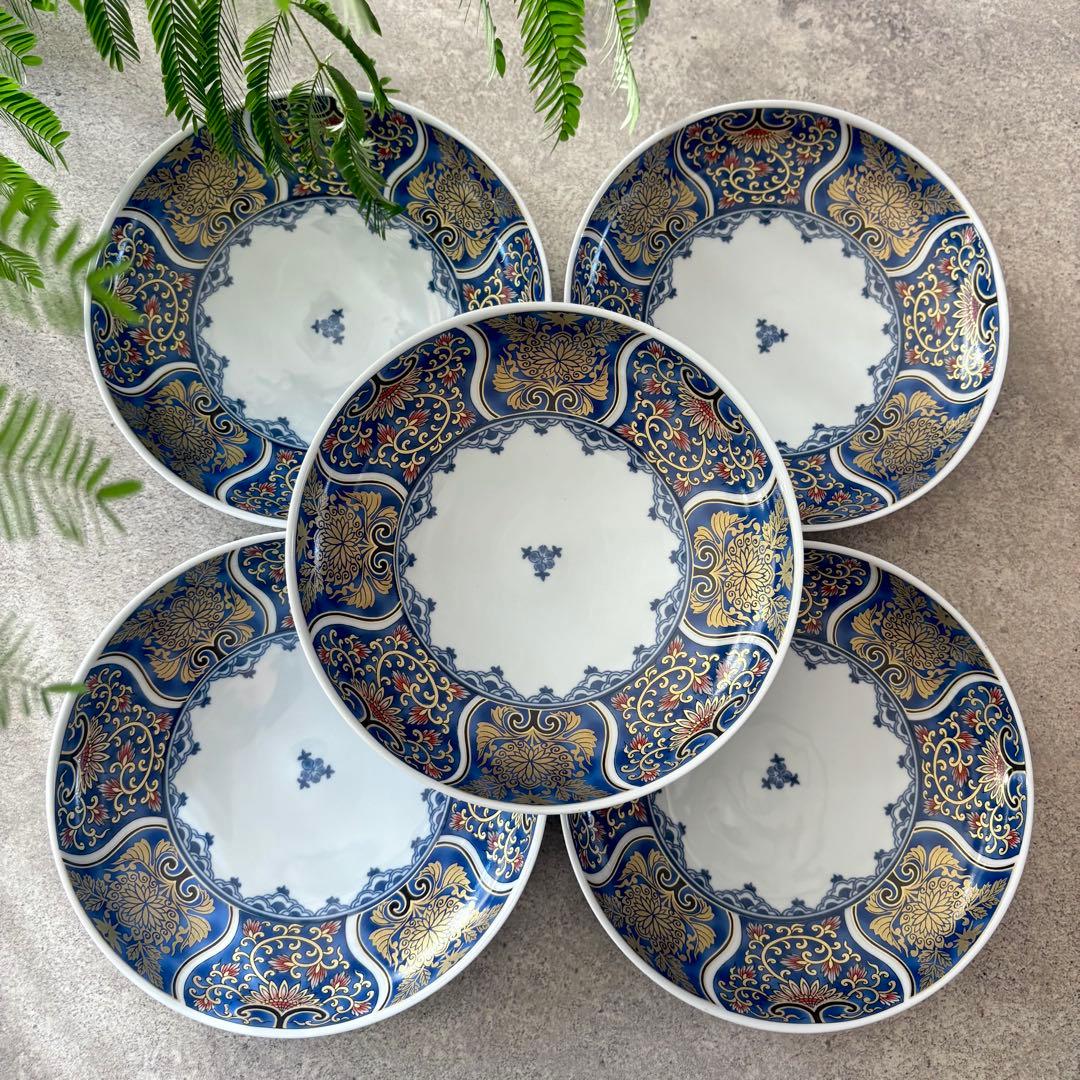献上古伊万里　大皿　５枚セット　藍色　ブルー　約20cm 多用皿　金彩　和食器