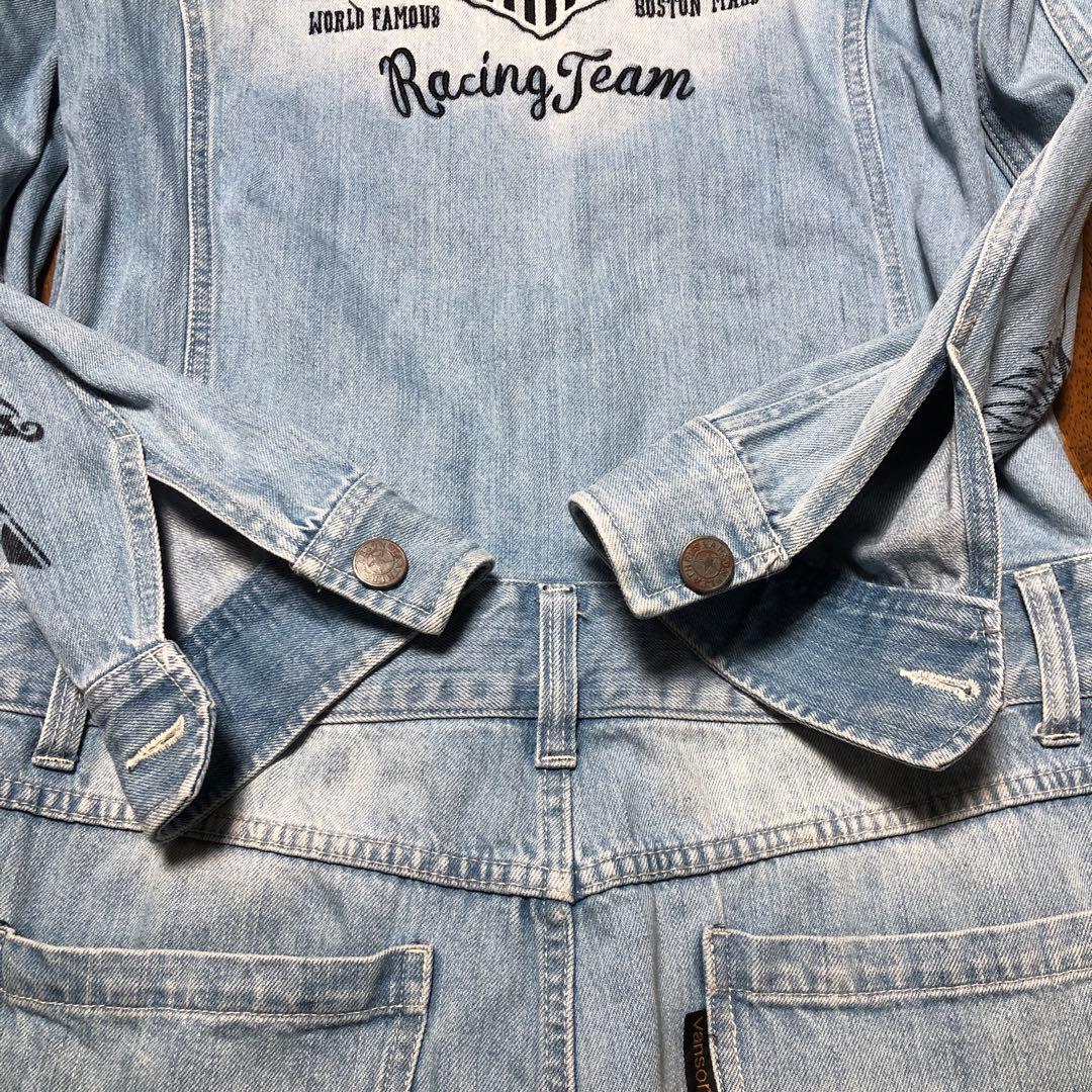 即納　vanson 刺繍入りライトブルー　デニムつなぎ　オールイン