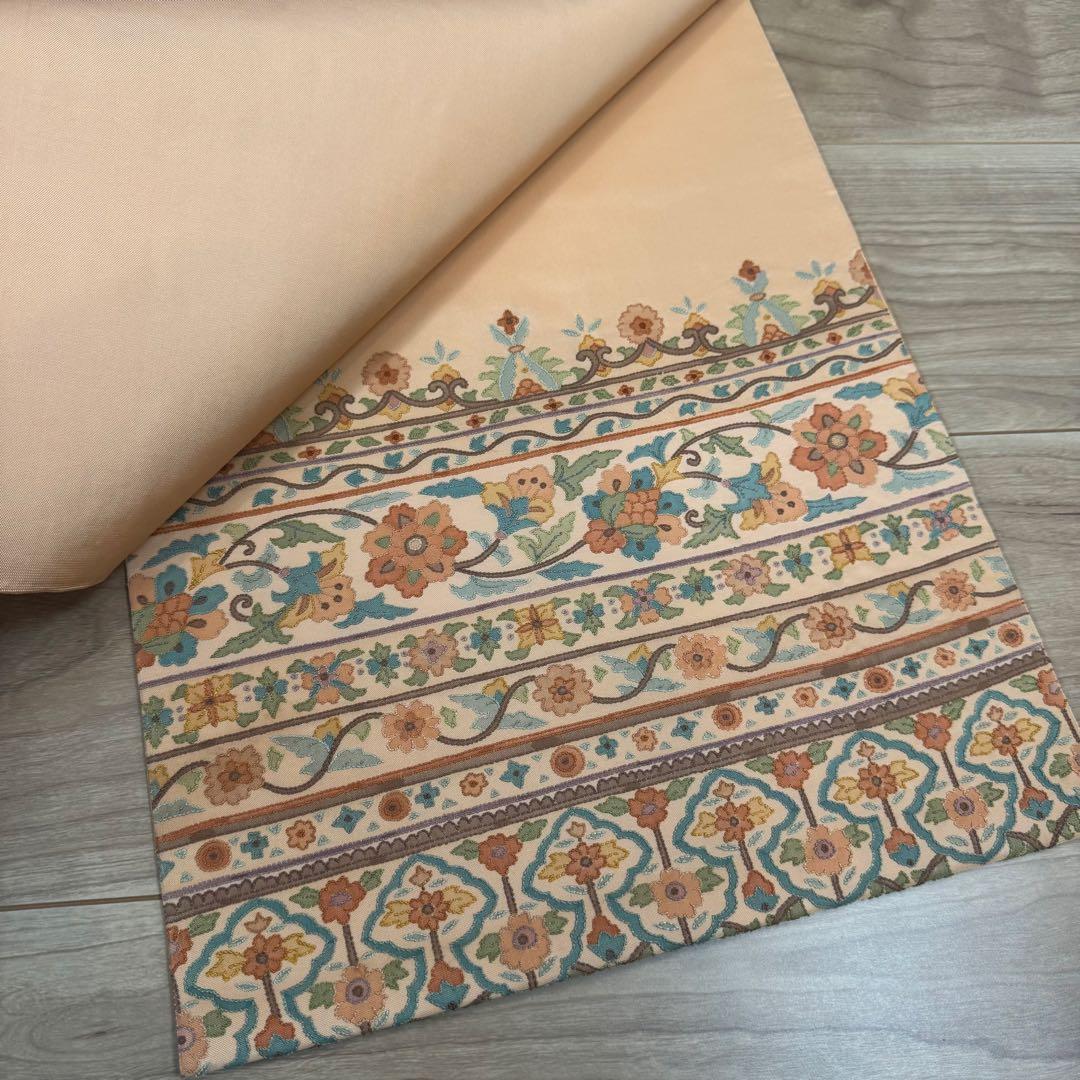 超美品　袋帯 正絹　現代　着物　ボタニカル 中国刺繍　相良刺繍　オレンジ　443