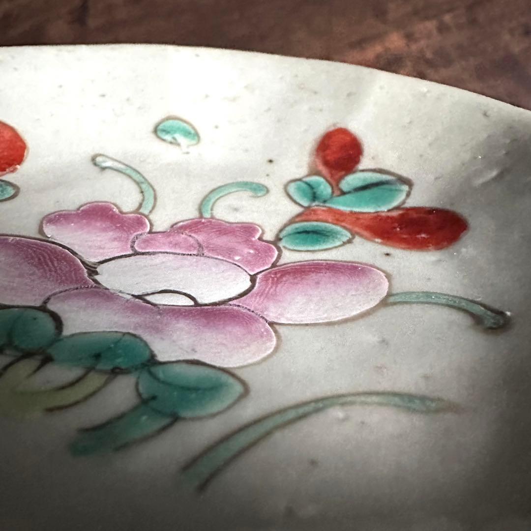 【希少】清朝期　粉彩　花の図　輪花皿　台皿　小皿　中国古玩　中国美術　骨董品　A