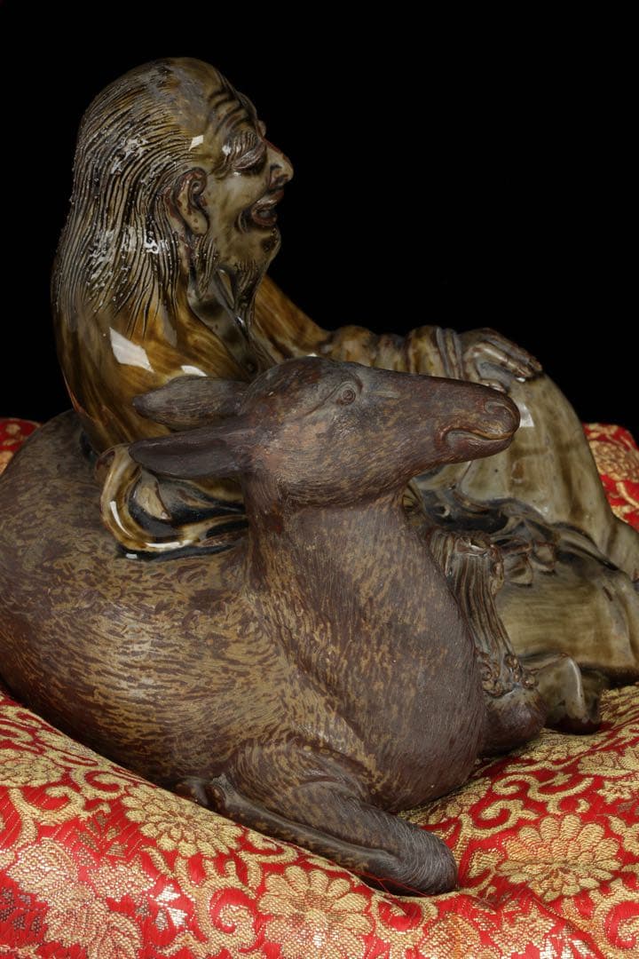 【古高取焼】鹿寿老像 七福神 長寿神 福禄寿 縁起物 置物 陶磁器 古作 共箱付