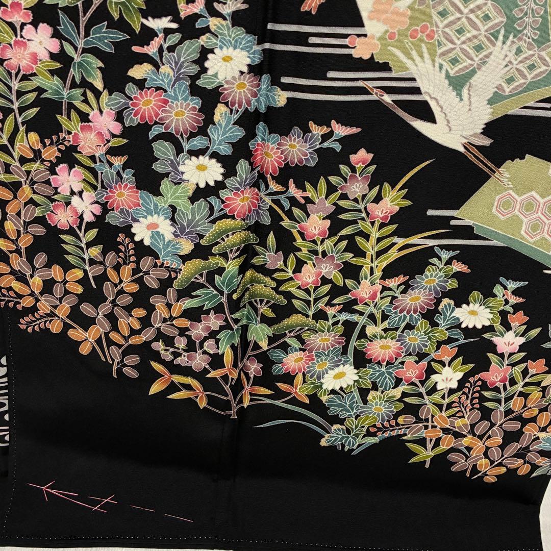 D5 黒留袖 友禅 鶴 流水 花模様 正絹 着物 袷 しつけ糸未使用極美品